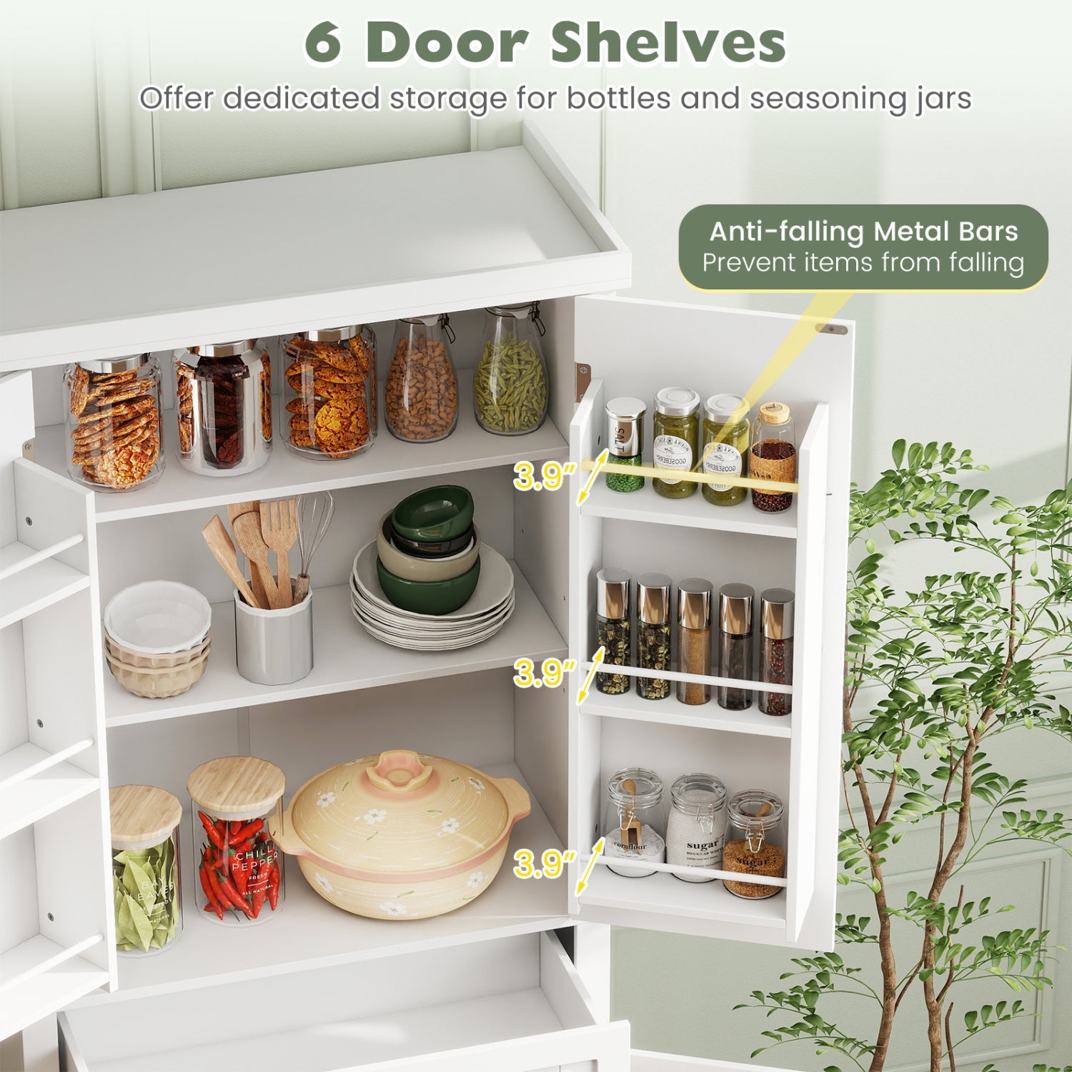 72in tall white kitchen pantry cabinet with 4 fluted doors, open shelves stockpiled with jars on Tampa Home & Garden Store