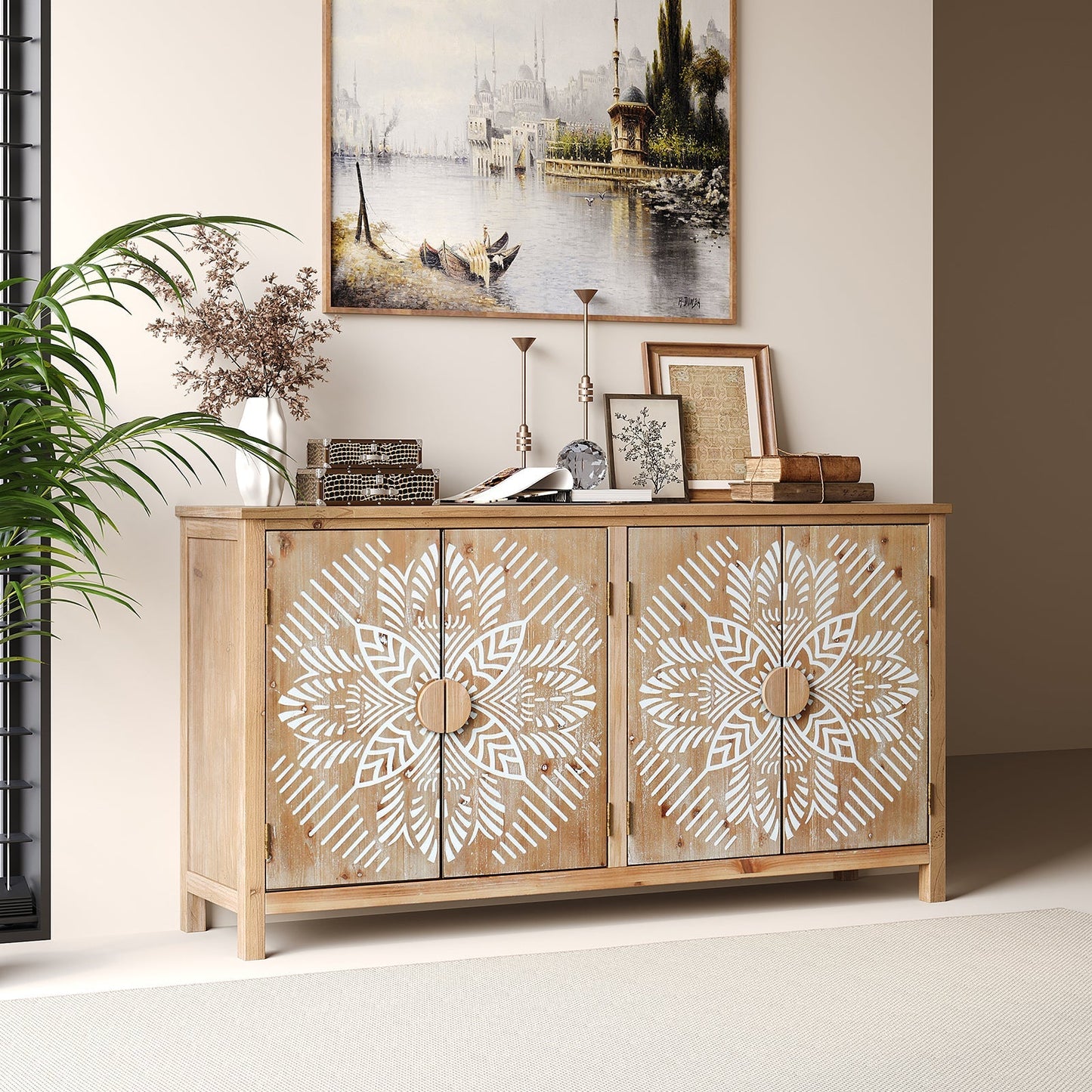 60-inch wood accent cabinet with 4 doors brown and antique white by HouseOfZazla on Tampa Home & Garden Store