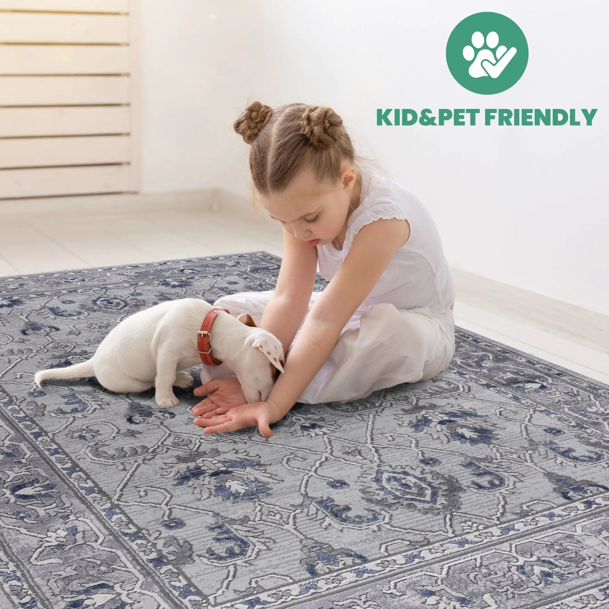 Marfi Trendy Oriental Runner Rug in gray-blue ornate pattern with a child and puppy on it on Tampa Home & Garden Store