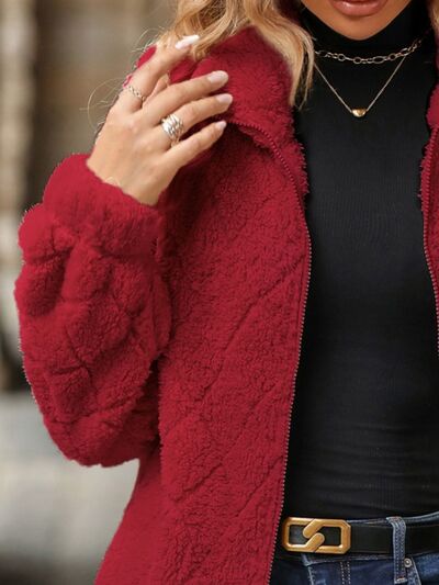 Stevvex women's red fuzzy zip-up jacket with pockets, long sleeve outerwear on Tampa Home & Garden Store