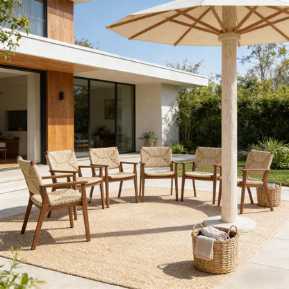 Durable Outdoor Dining Chairs set of eight with acacia wood frame and wicker seats on patio on Tampa Home & Garden Store