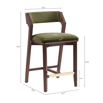 Patricia Counter Stool by HouseOfZazla olive green upholstery with wood frame brass footrest on Tampa Home & Garden Store
