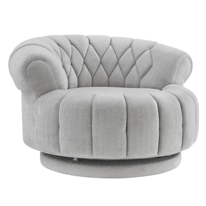 Round swivel accent chair in light gray plush fabric with diamond tufting and curved arms on Tampa Home & Garden Store