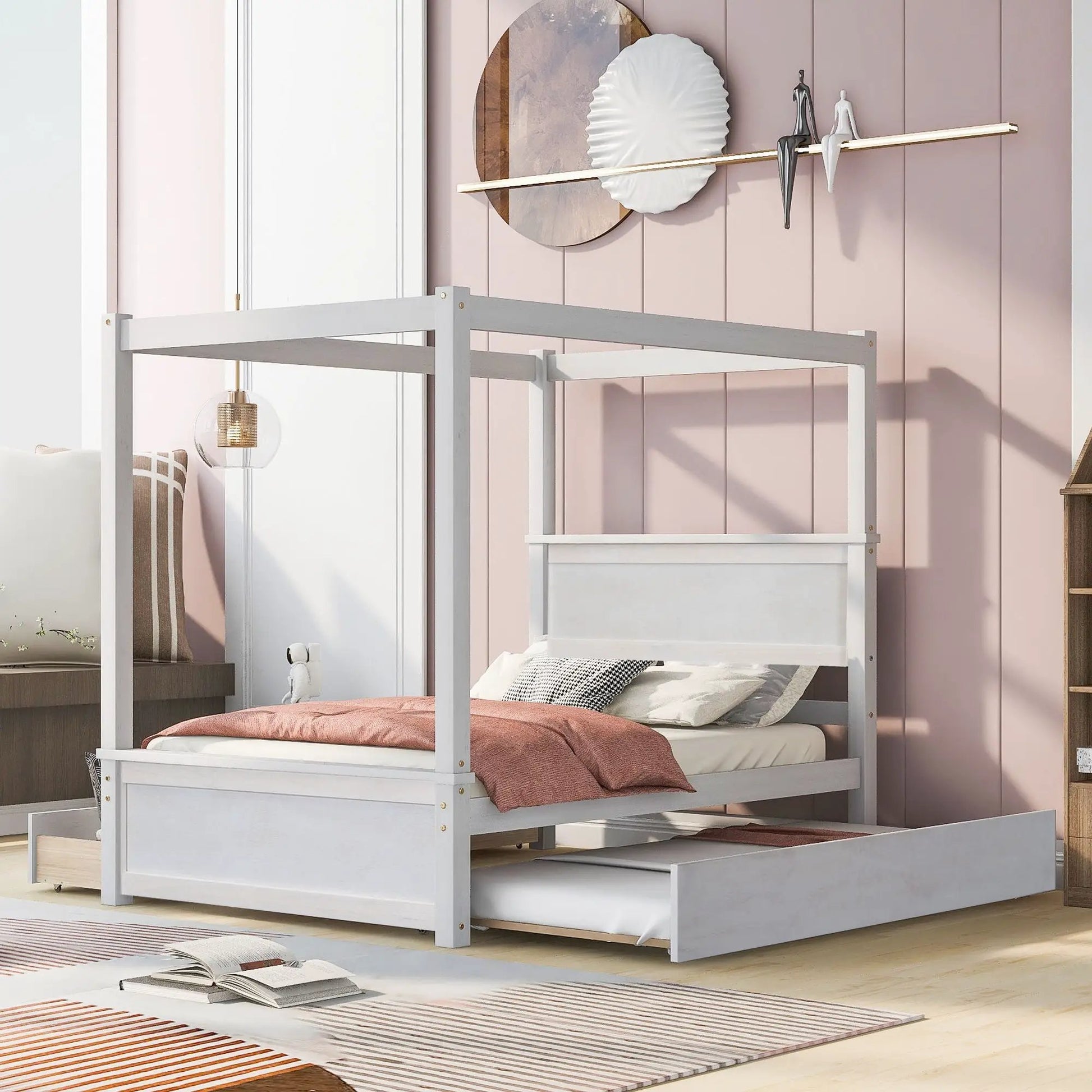 Canopy platform bed with drawers in white finish by Unique Piece Furniture; slats on Tampa Home & Garden Store