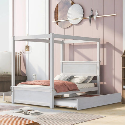 Canopy platform bed with drawers in white finish by Unique Piece Furniture; slats on Tampa Home & Garden Store