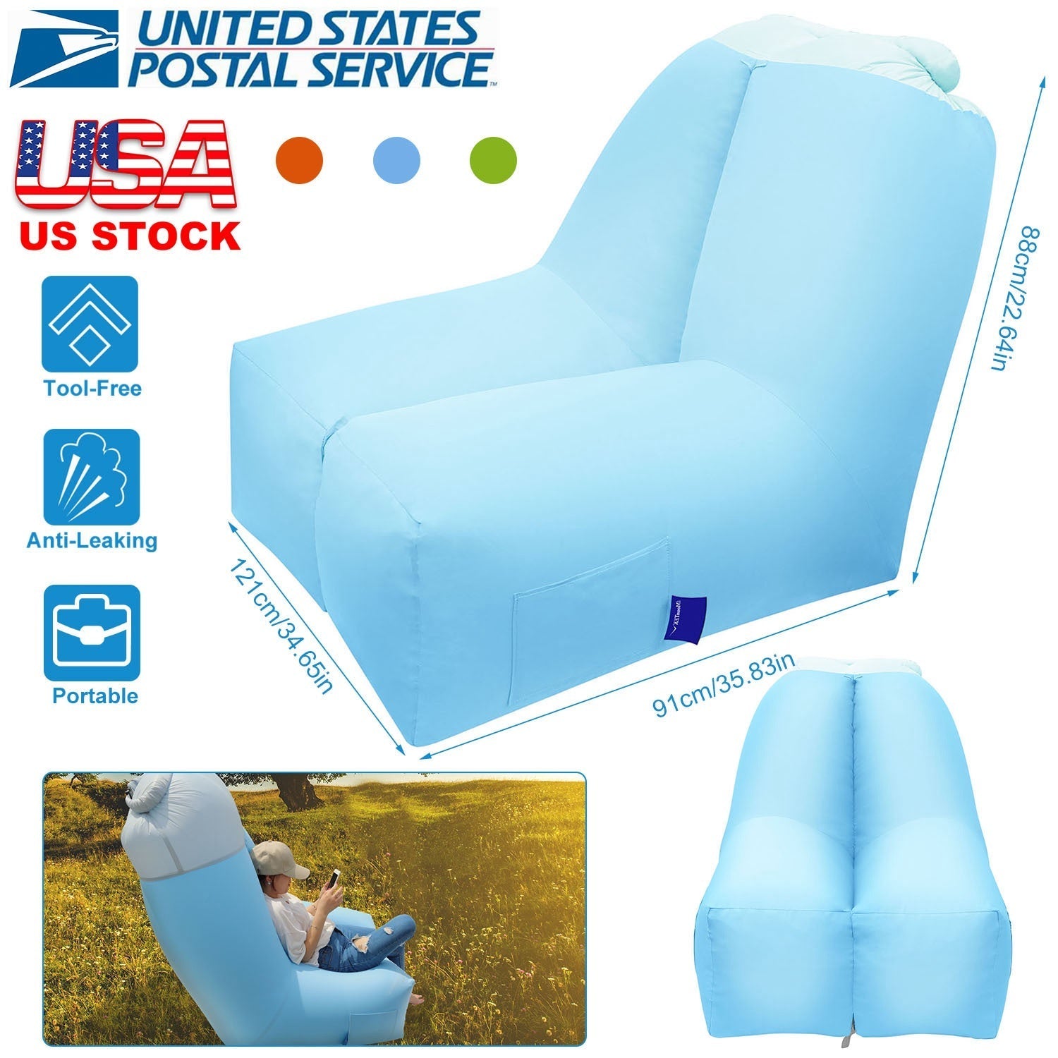 GemGear inflatable lounger blue with portable bag, waterproof anti-leak backyard lakeside on Tampa Home & Garden Store