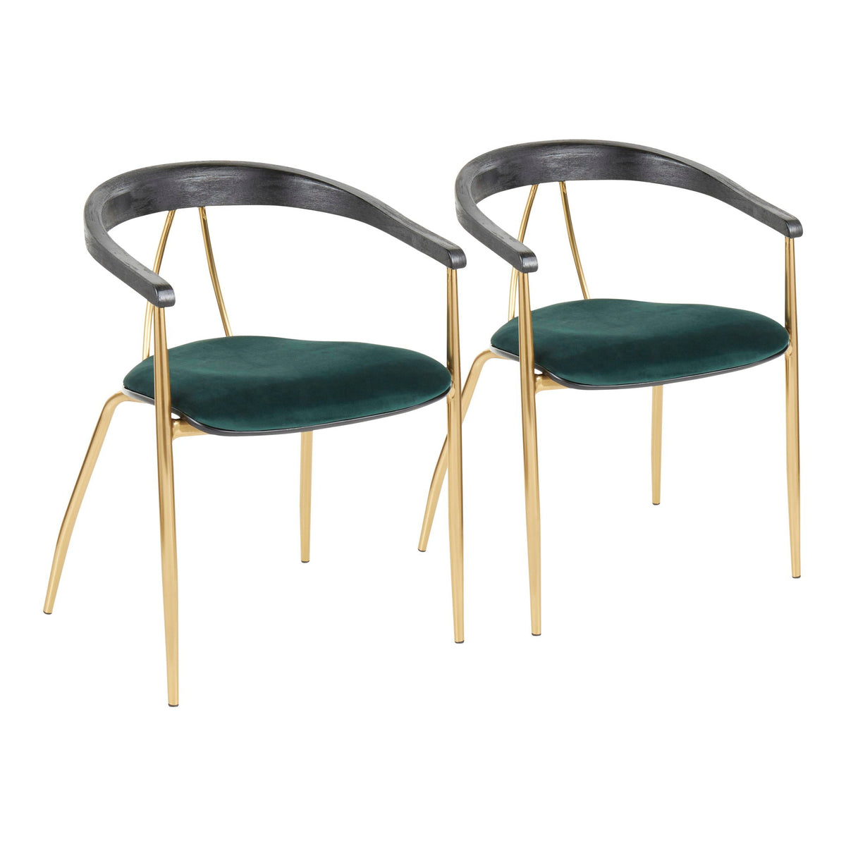 Vanessa contemporary chair set of 2 with green velvet seats, gray curved backs, gold legs on Tampa Home & Garden Store