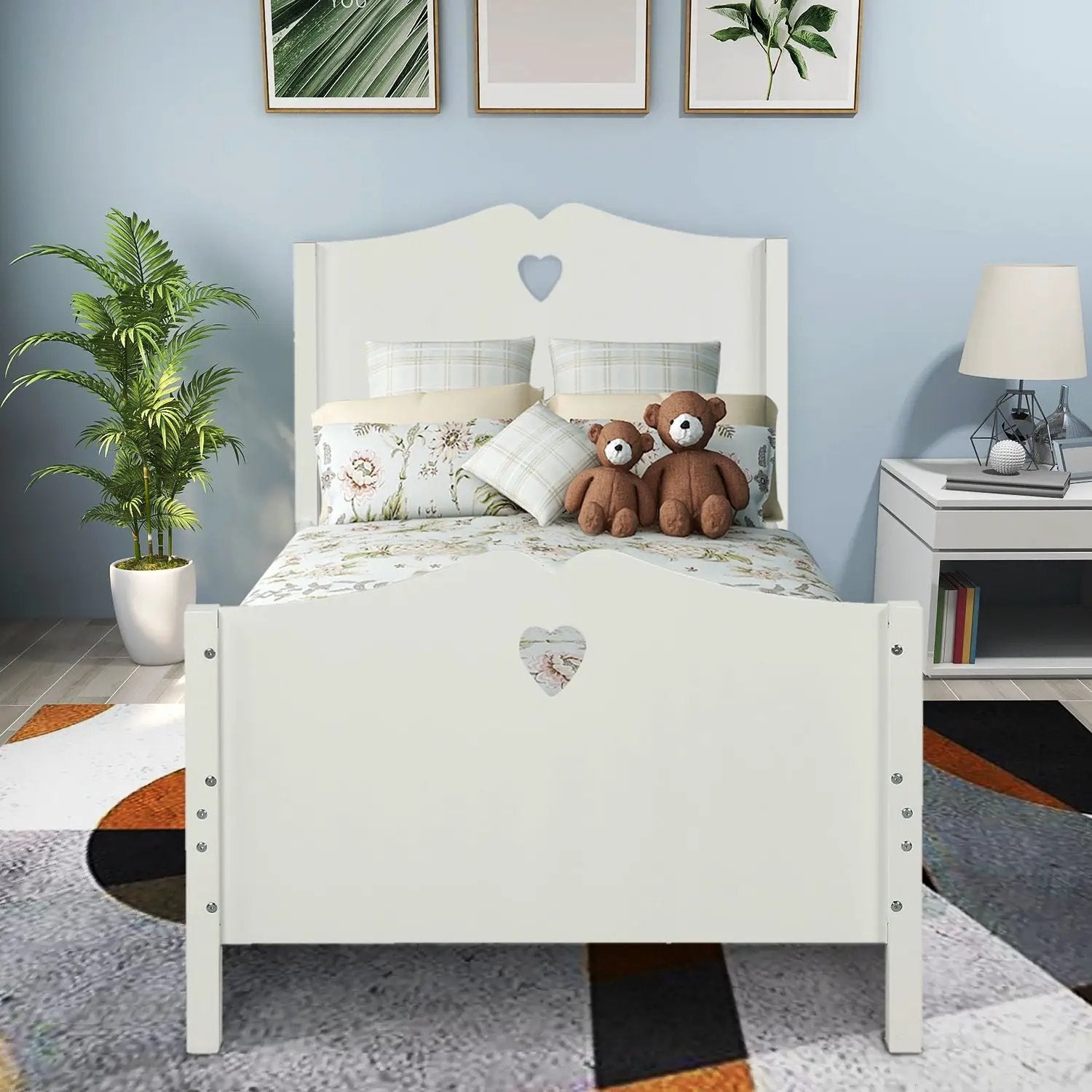 White platform bed with heart cutouts on headboard and footboard, slat support on Tampa Home & Garden Store