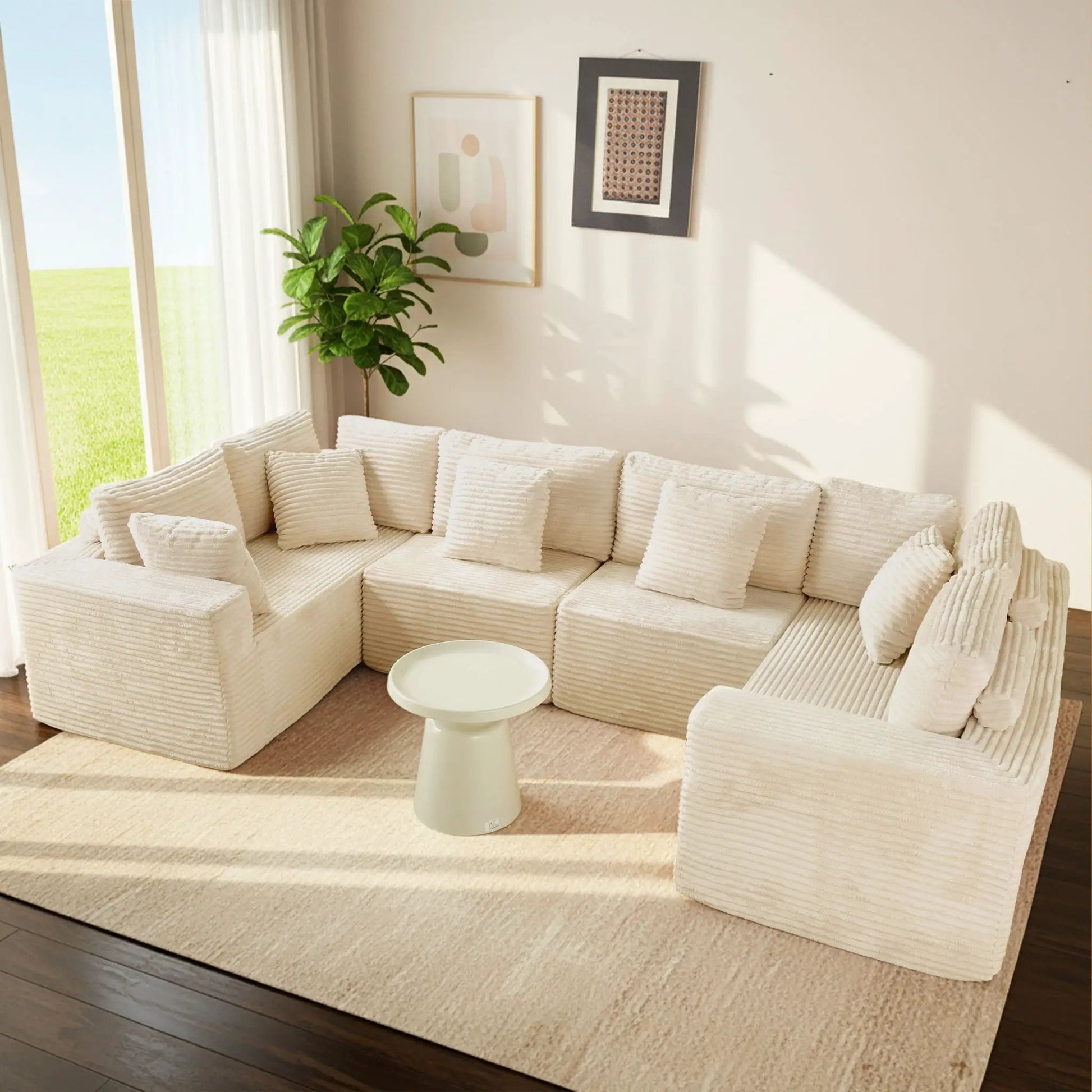 Modular U Shaped Sectional Sofa with Reversible Design in cream corduroy upholstery stationary on Tampa Home & Garden Store