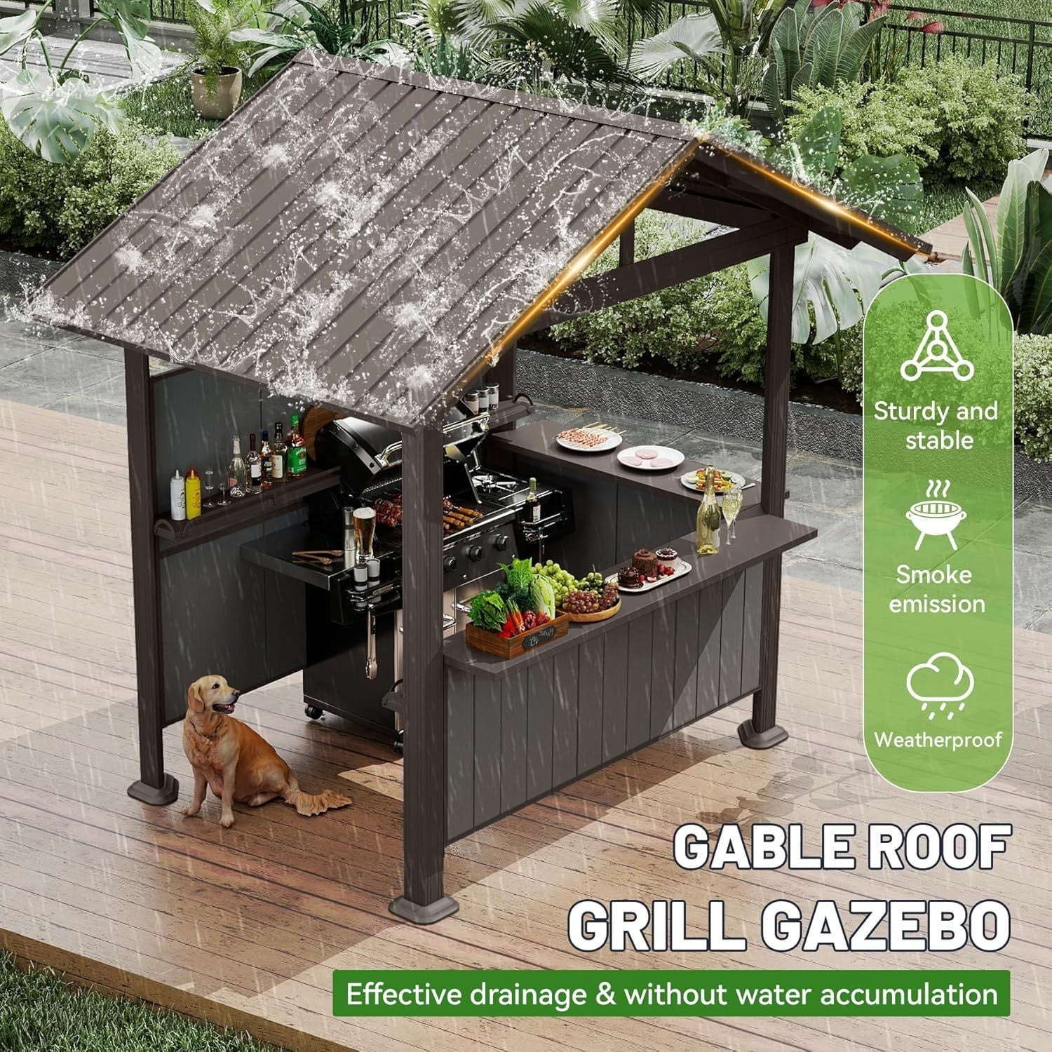 9.4x6.2 ft hardtop grill gazebo with storage shelves and resin shade system, dark brown on Tampa Home & Garden Store