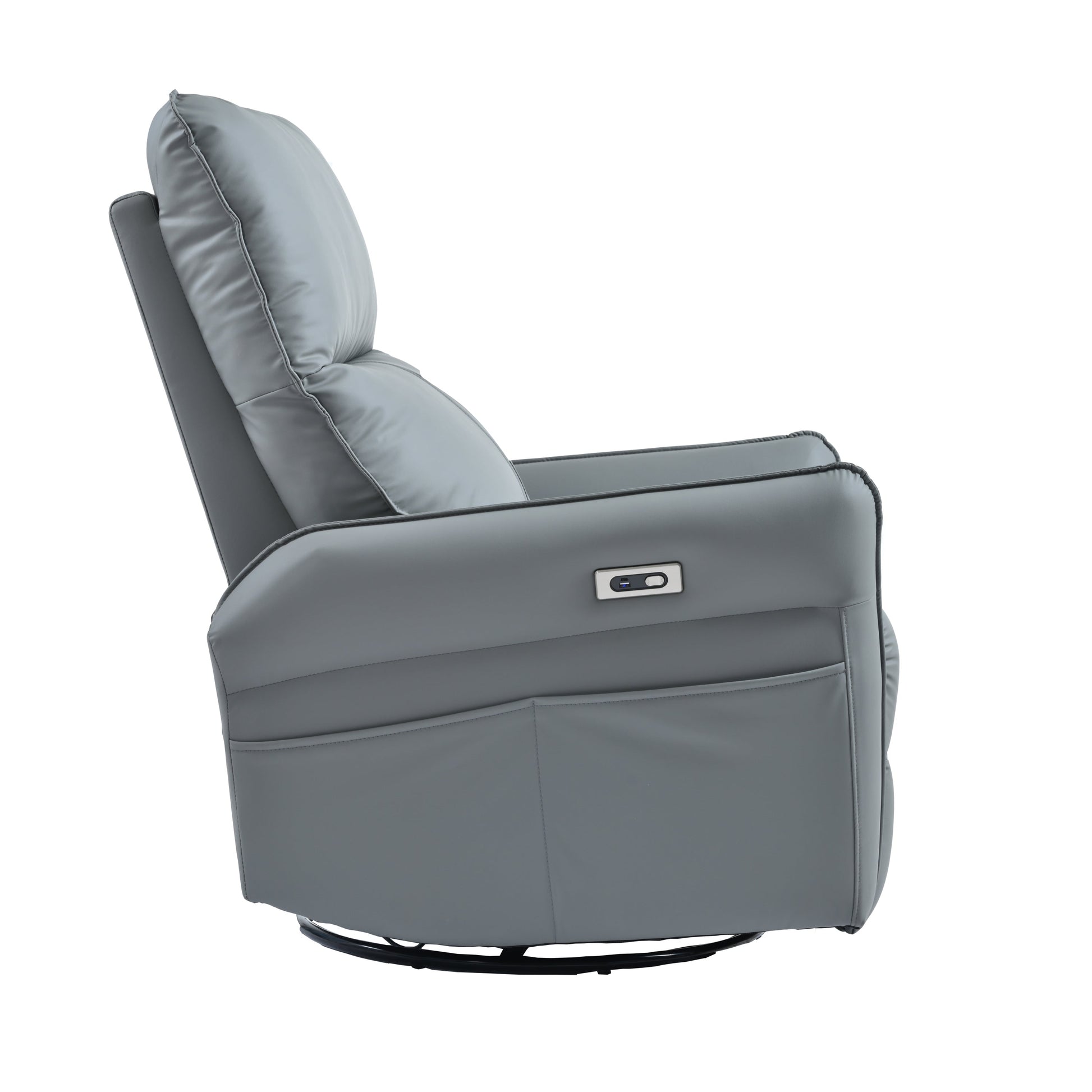 Power swivel rocker recliner chair for adults in gray faux leather with side power control on Tampa Home & Garden Store