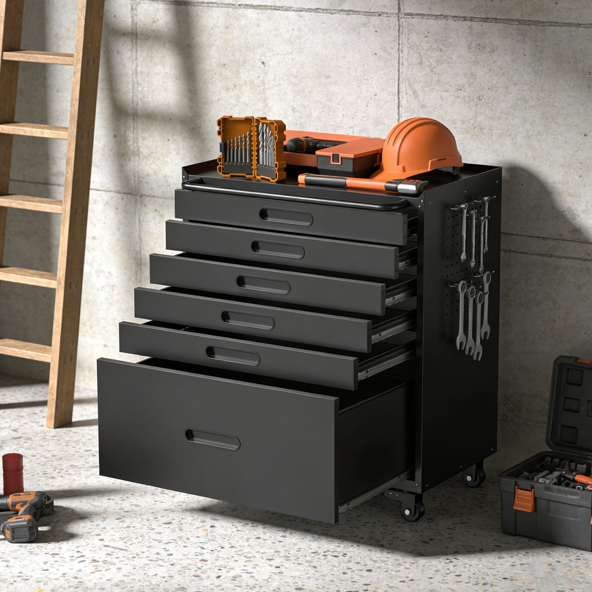 Rolling tool cabinet storage with lockable doors, black metal on casters, HouseOfZazla on Tampa Home & Garden Store