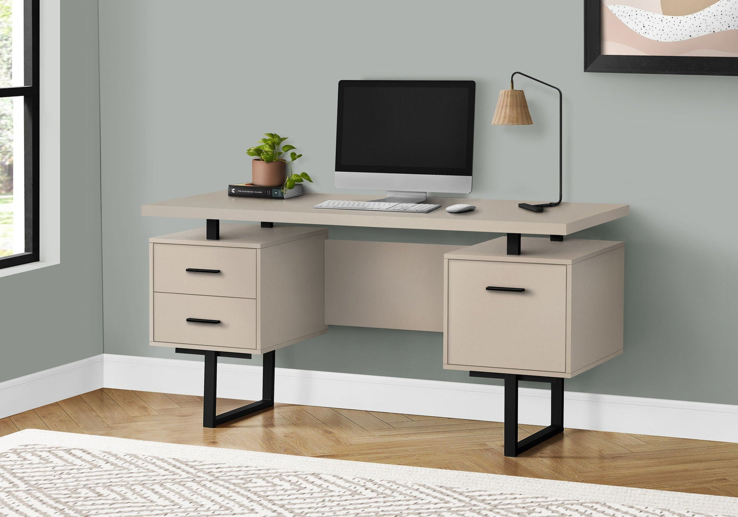 Beige computer desk for home office with storage drawers, HouseOfZazla, black metal leg frame on Tampa Home & Garden Store