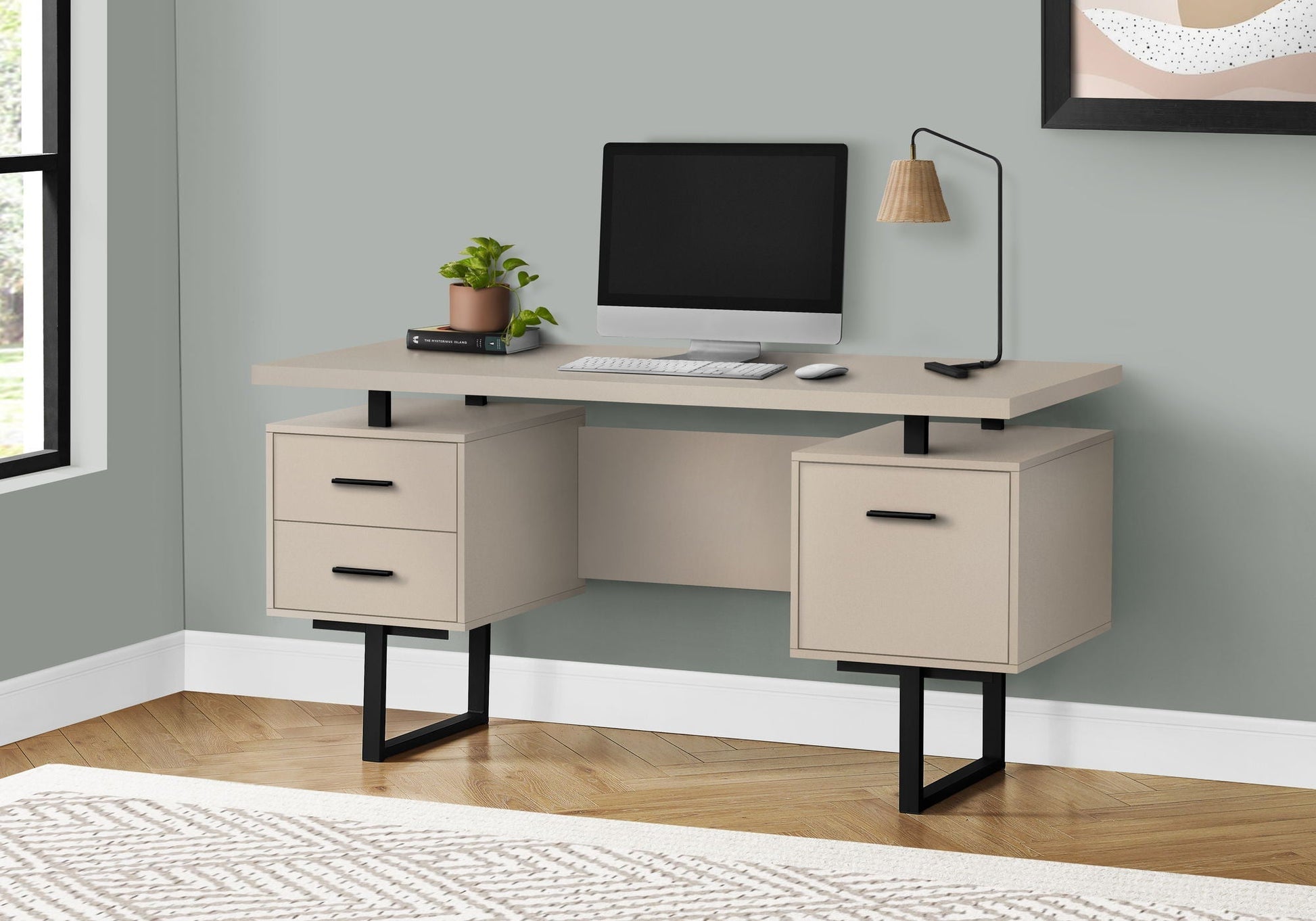 Beige computer desk for home office with storage drawers, HouseOfZazla, black metal leg frame on Tampa Home & Garden Store