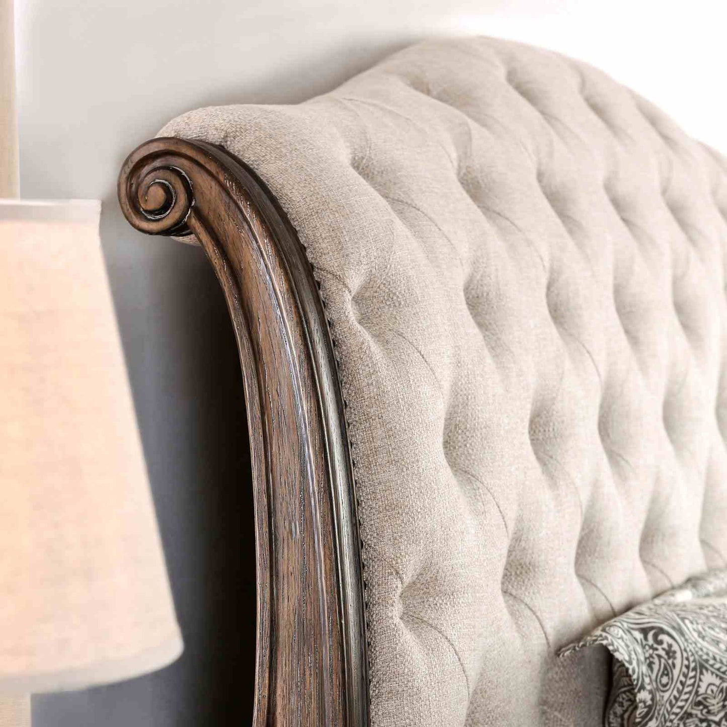 Sleigh Bed and Button Tufted Fabric Headboard