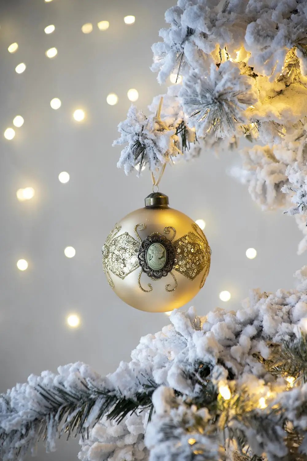 Gold hanging Christmas ornament ball with sequins and cameo centerpiece, set of 6 on Tampa Home & Garden Store