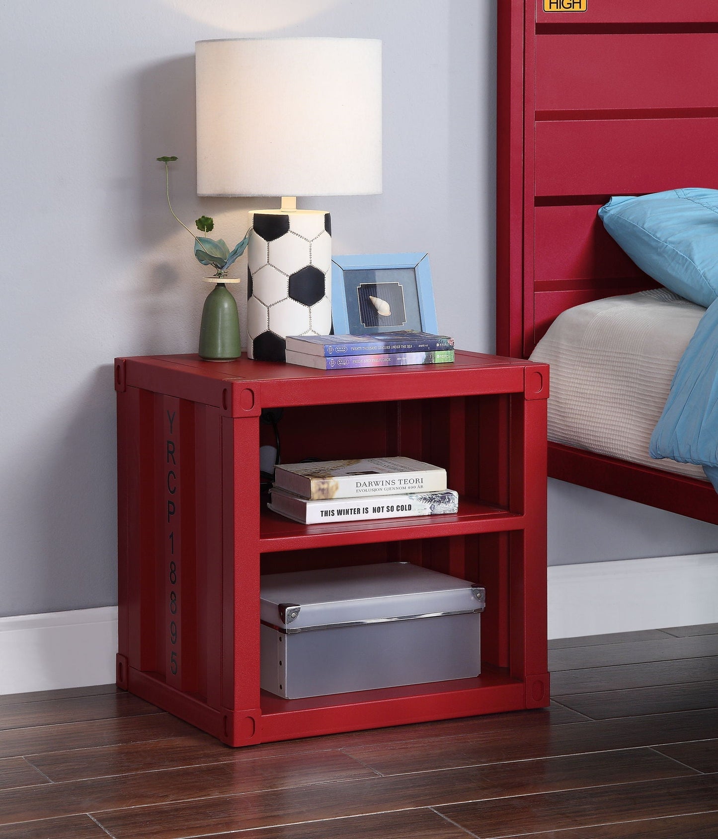 Cargo Nightstand With USB red crate-style accent table with lamp and blue frame on Tampa Home & Garden Store