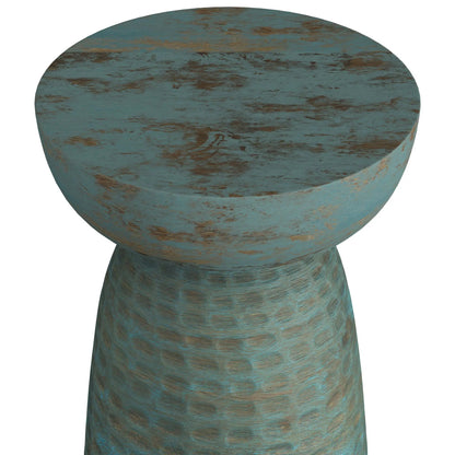 Boyd Handcrafted Accent Table round teal distressed top with brown wood grain on Tampa Home & Garden Store