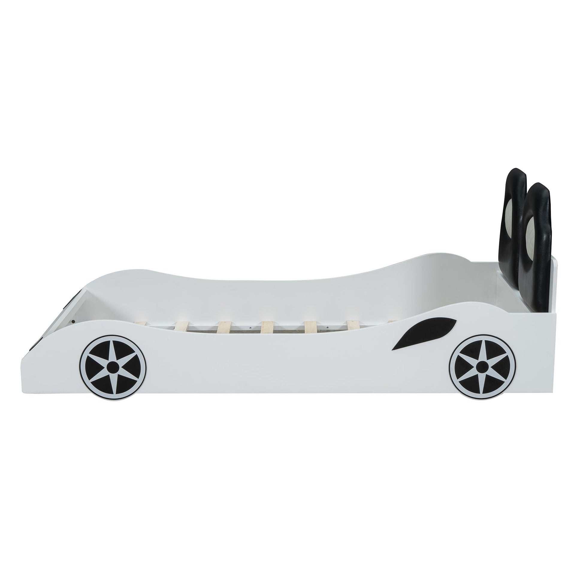 Race car shaped bed with LED and upholstered backrest, white with black wheels on Tampa Home & Garden Store