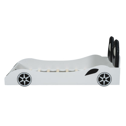 Race car shaped bed with LED and upholstered backrest, white with black wheels on Tampa Home & Garden Store