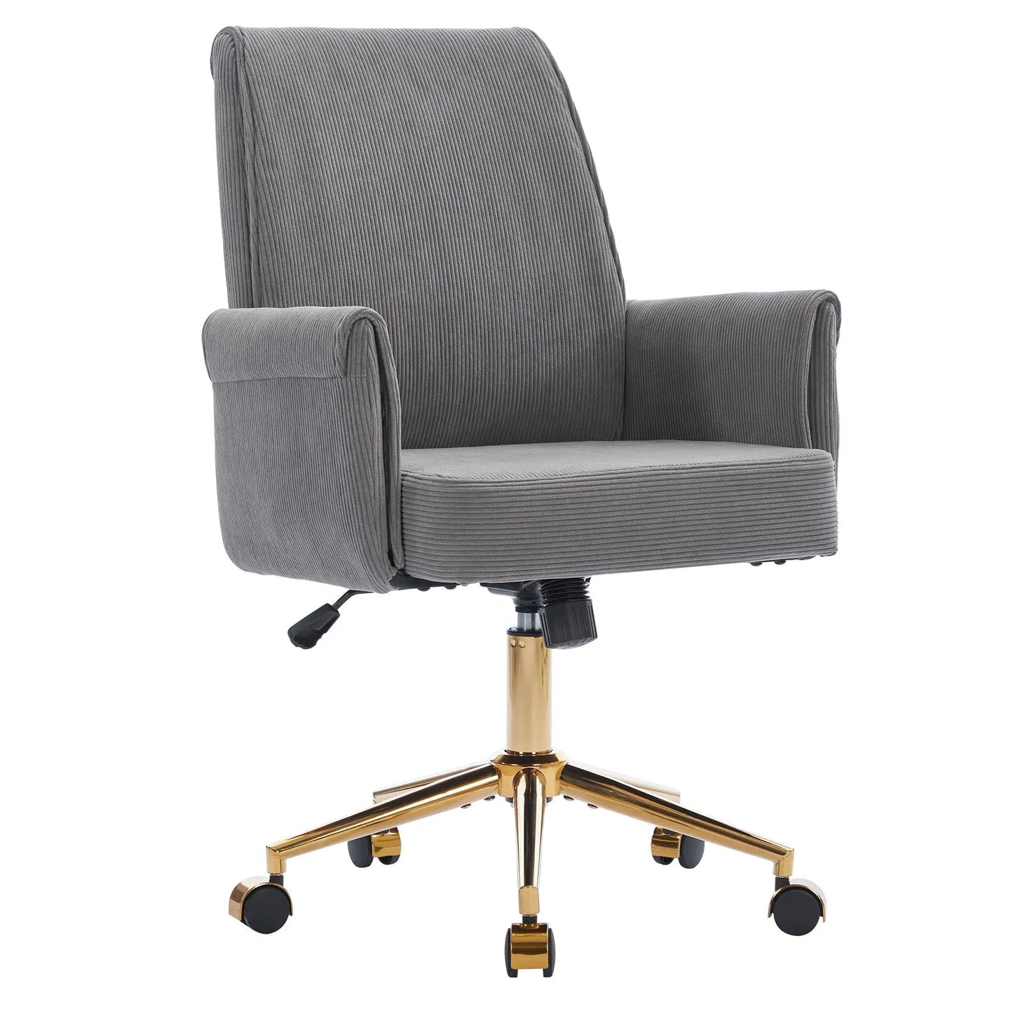 Ergonomic mid back office chair in gray corduroy, arms, gold base with casters, swivel on Tampa Home & Garden Store