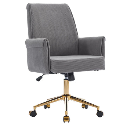 Ergonomic mid back office chair in gray corduroy, arms, gold base with casters, swivel on Tampa Home & Garden Store