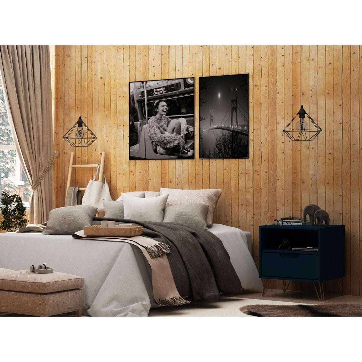 HouseOfZazla Rockefeller nightstand with 1 drawer, blue finish and splayed legs beside bed on Tampa Home & Garden Store