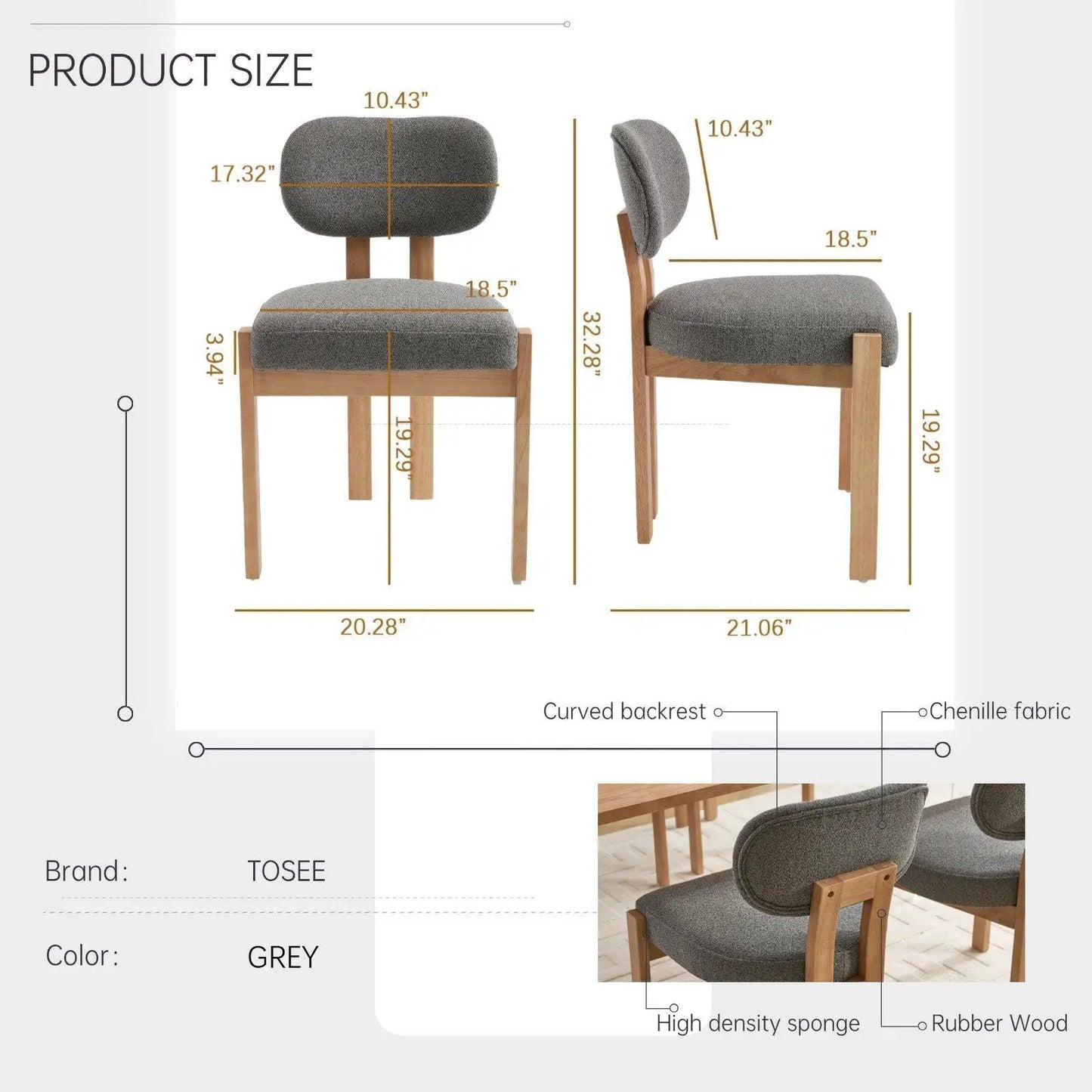 Dining chairs set with ergonomic backrest, grey chenille fabric, wooden legs (2-pack) TOSEE on Tampa Home & Garden Store