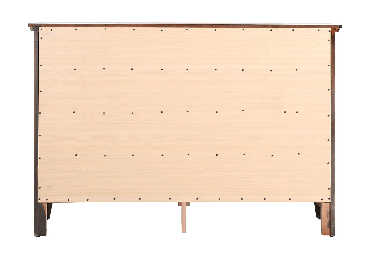 Dresser underside view in light wood veneer with exposed screws and dark legs on Tampa Home & Garden Store