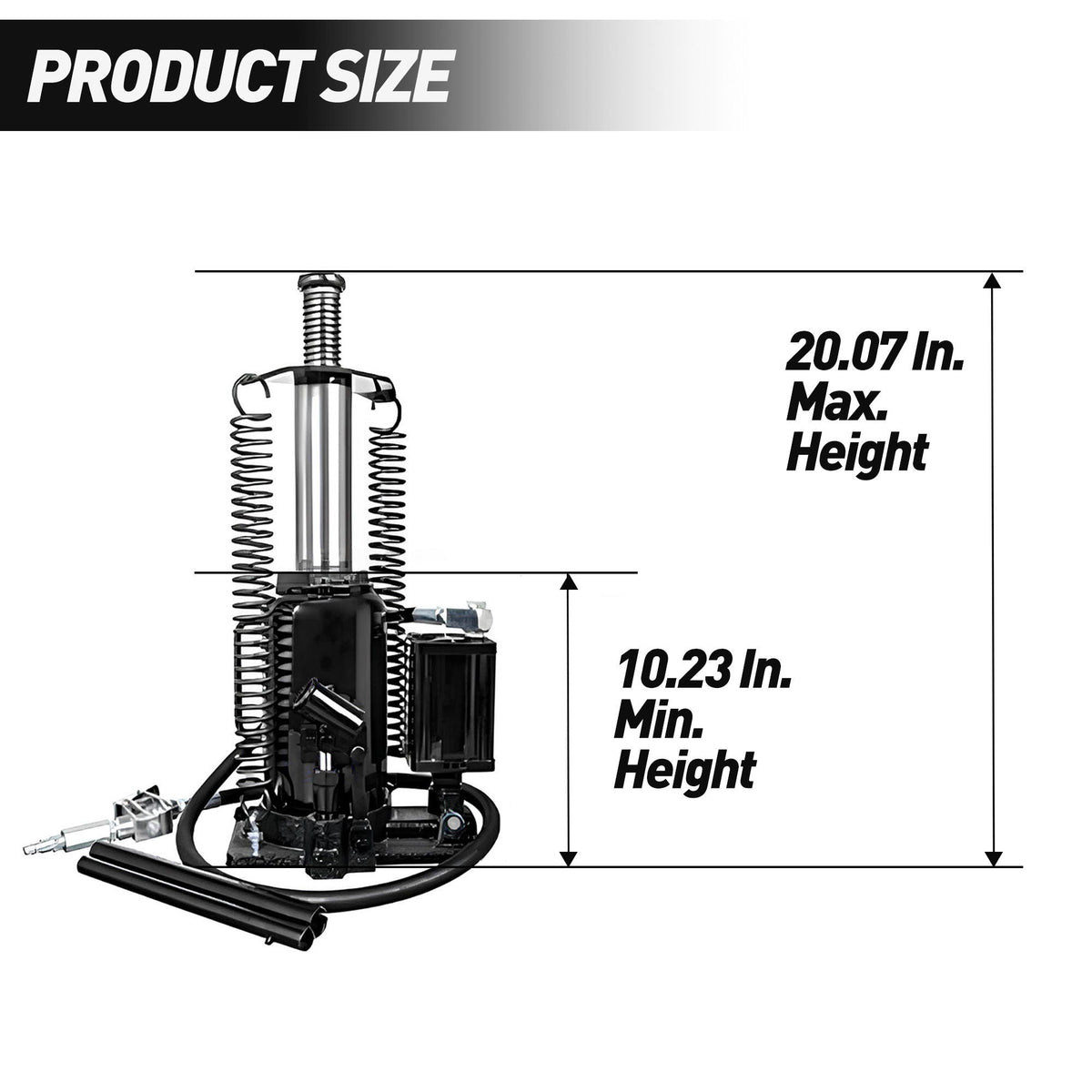 Black air hydraulic bottle jack by HouseOfZazla, 20 ton capacity with adjustable lift range on Tampa Home & Garden Store