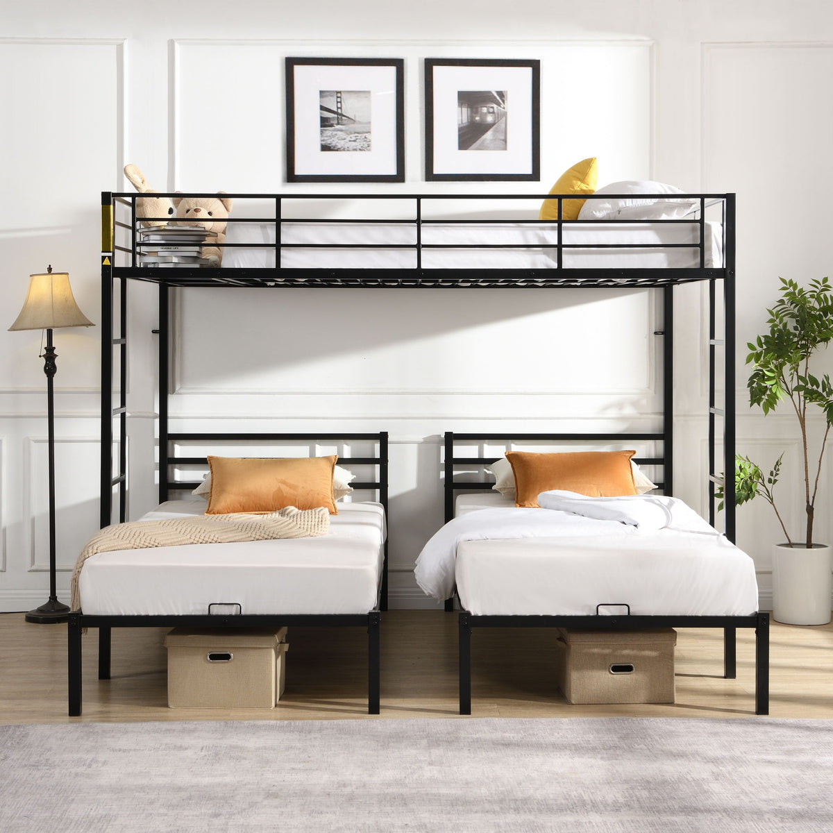 Triple bunk bed by HouseOfZazla in black metal with vertical ladder and safety rails on Tampa Home & Garden Store