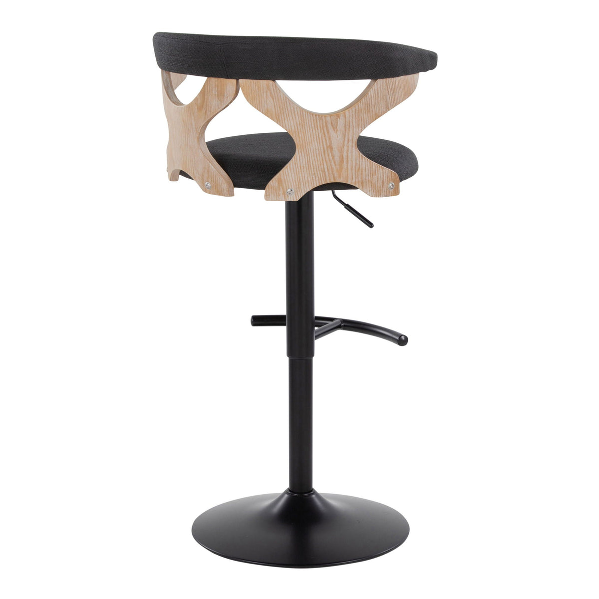 Contemporary adjustable barstool with swivel, black seat and wood curved frame on Tampa Home & Garden Store