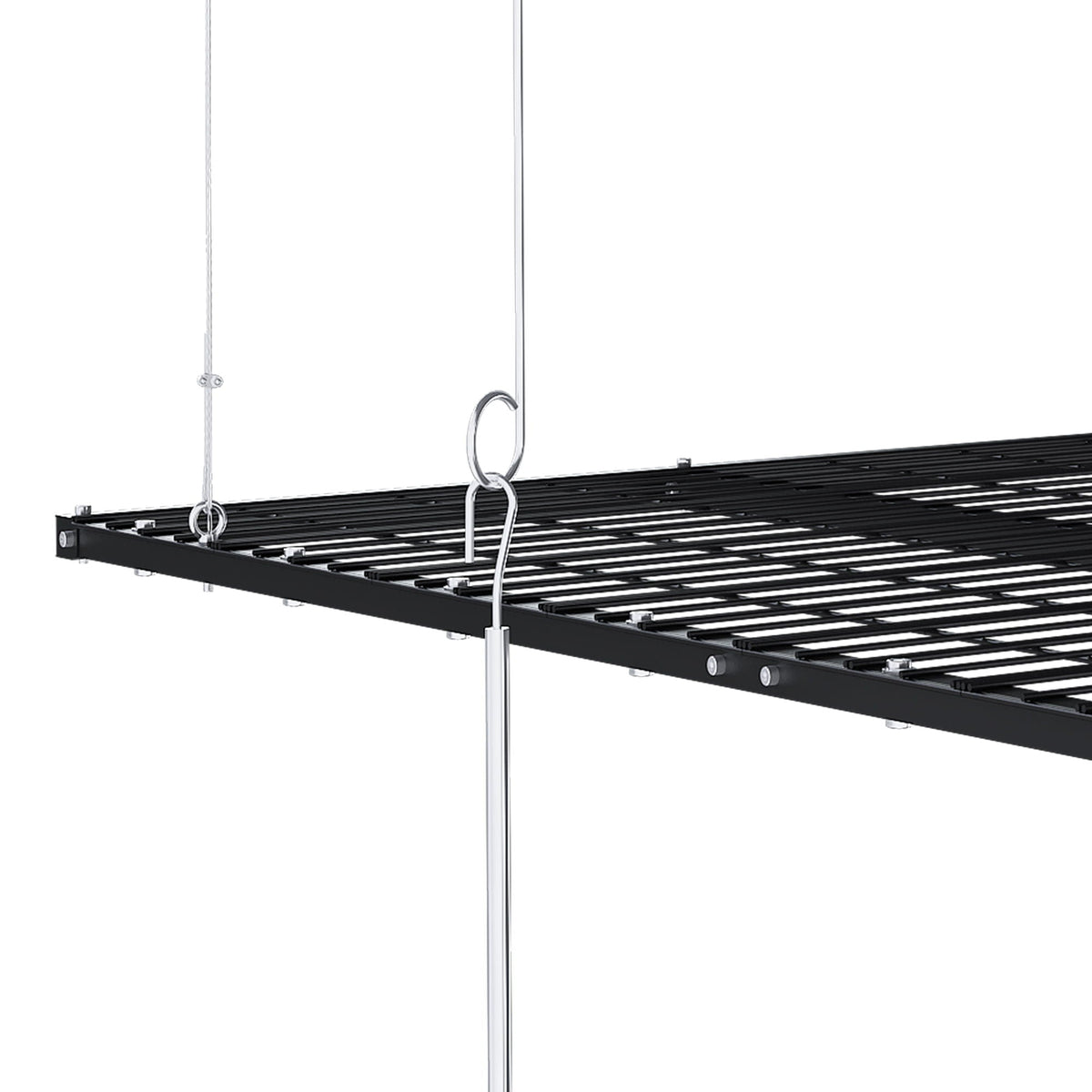 Overhead garage storage rack with crank system in black metal, steel cables on Tampa Home & Garden Store