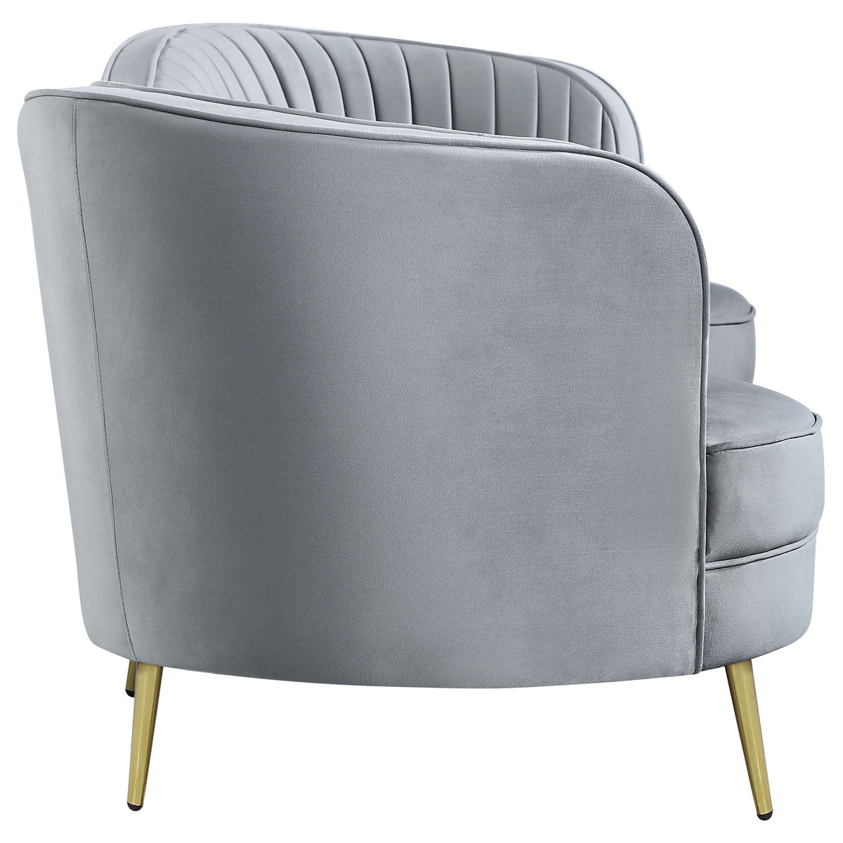 Reigha gray upholstered sofa with channel tufted back and gold legs - HouseOfZazla on Tampa Home & Garden Store