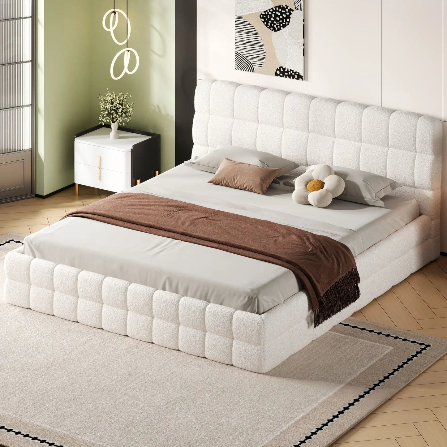 Upholstered Platform Bed With Headboard white tufted fabric low-profile frame on Tampa Home & Garden Store