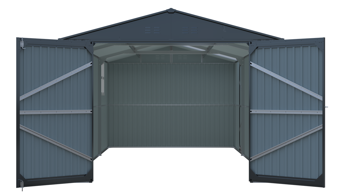 Outdoor Storage Shed 20x10 FT HouseOfZazla bluegray metal walls with open double doors on Tampa Home & Garden Store