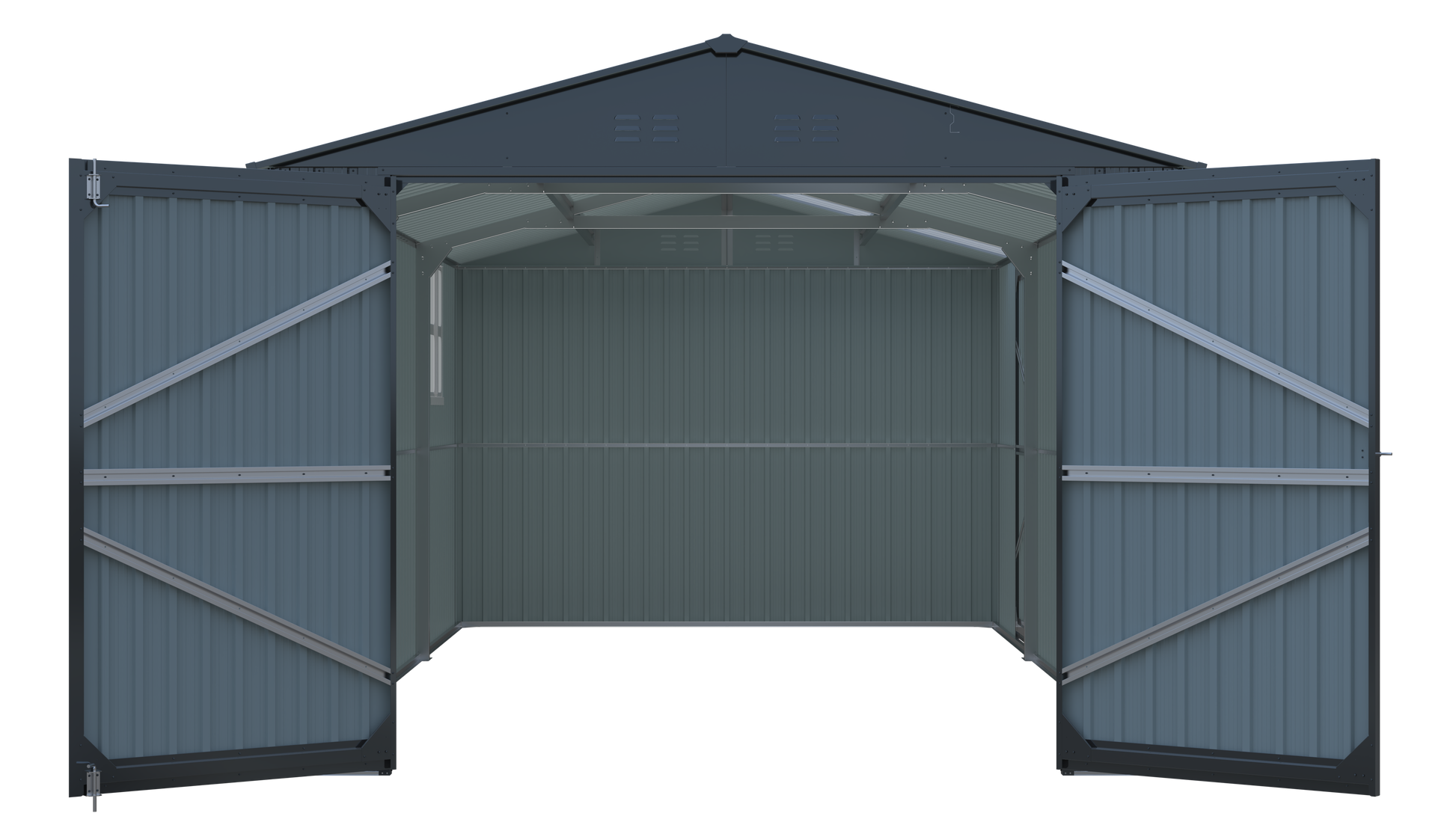 Outdoor Storage Shed 20x10 FT HouseOfZazla bluegray metal walls with open double doors on Tampa Home & Garden Store