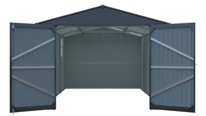 Outdoor Storage Shed 20x10 FT HouseOfZazla bluegray metal walls with open double doors on Tampa Home & Garden Store
