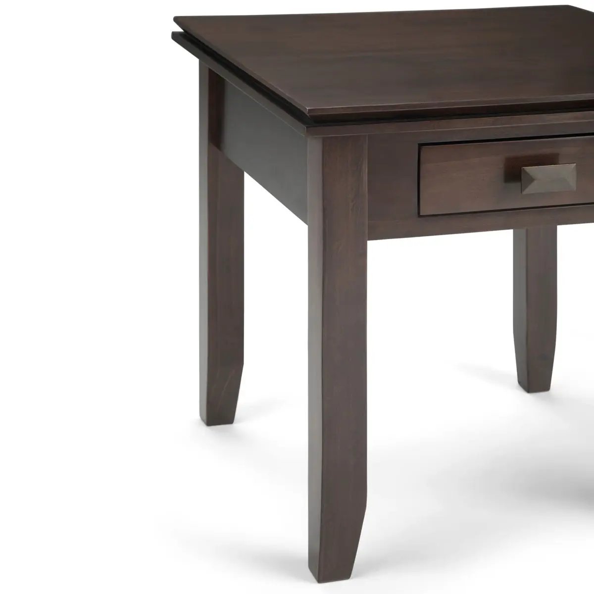 Artisan Handcrafted End Table in dark espresso with single drawer and square metal pull, tapered legs on Tampa Home & Garden Store