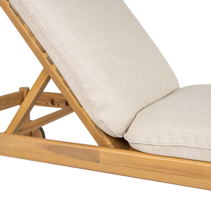 Riviera outdoor chaise lounges with wheels, acacia wood frame, beige cushions, set of 2 on Tampa Home & Garden Store