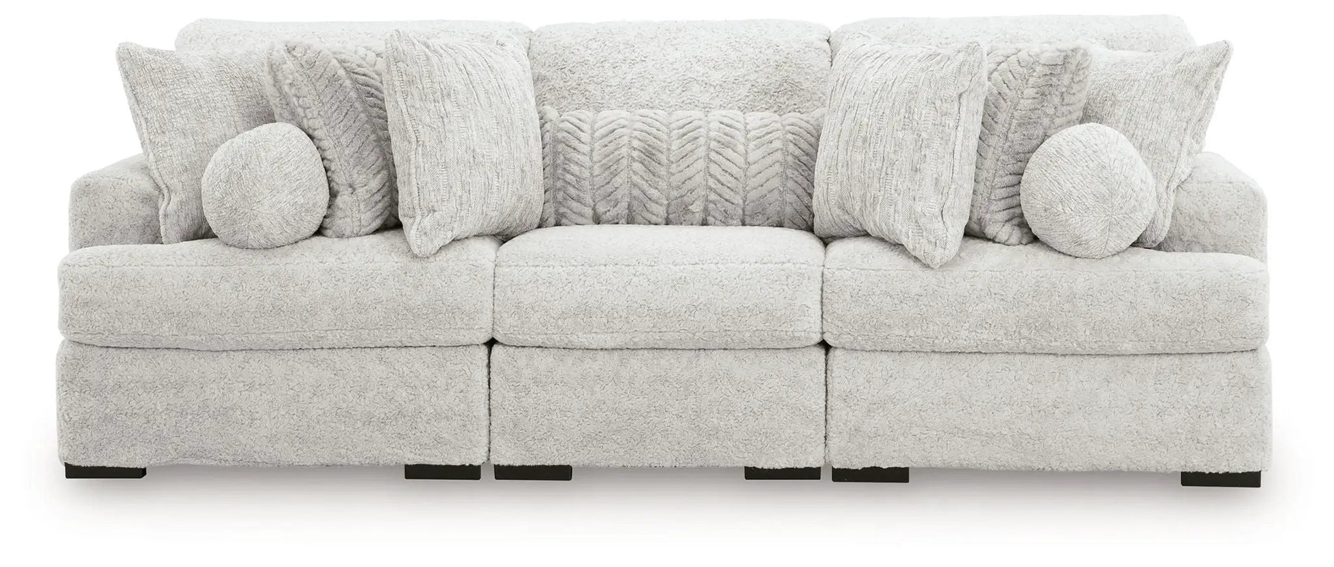 Cuddle Plush Sectional in cream boucle with textured pillows and bolsters, 3-seat unit on Tampa Home & Garden Store