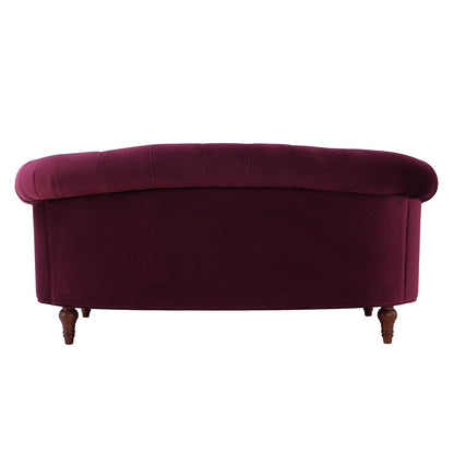 Victorian Chesterfield loveseat dark red velvet, rolled arms and turned legs on Tampa Home & Garden Store