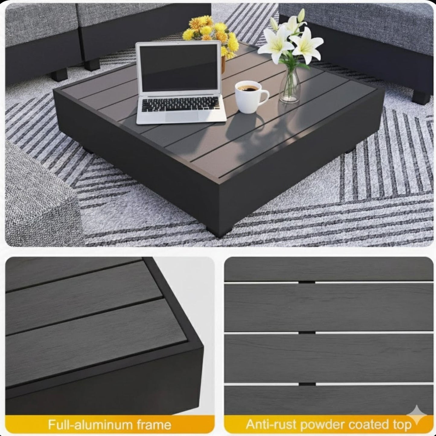 Gray aluminum 5-piece patio set with modular armless chairs and slatted coffee table on Tampa Home & Garden Store