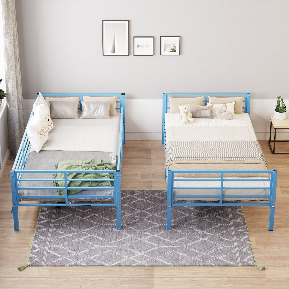 Blue bunk beds convert to two twin beds with full-length guardrails and ladder on Tampa Home & Garden Store