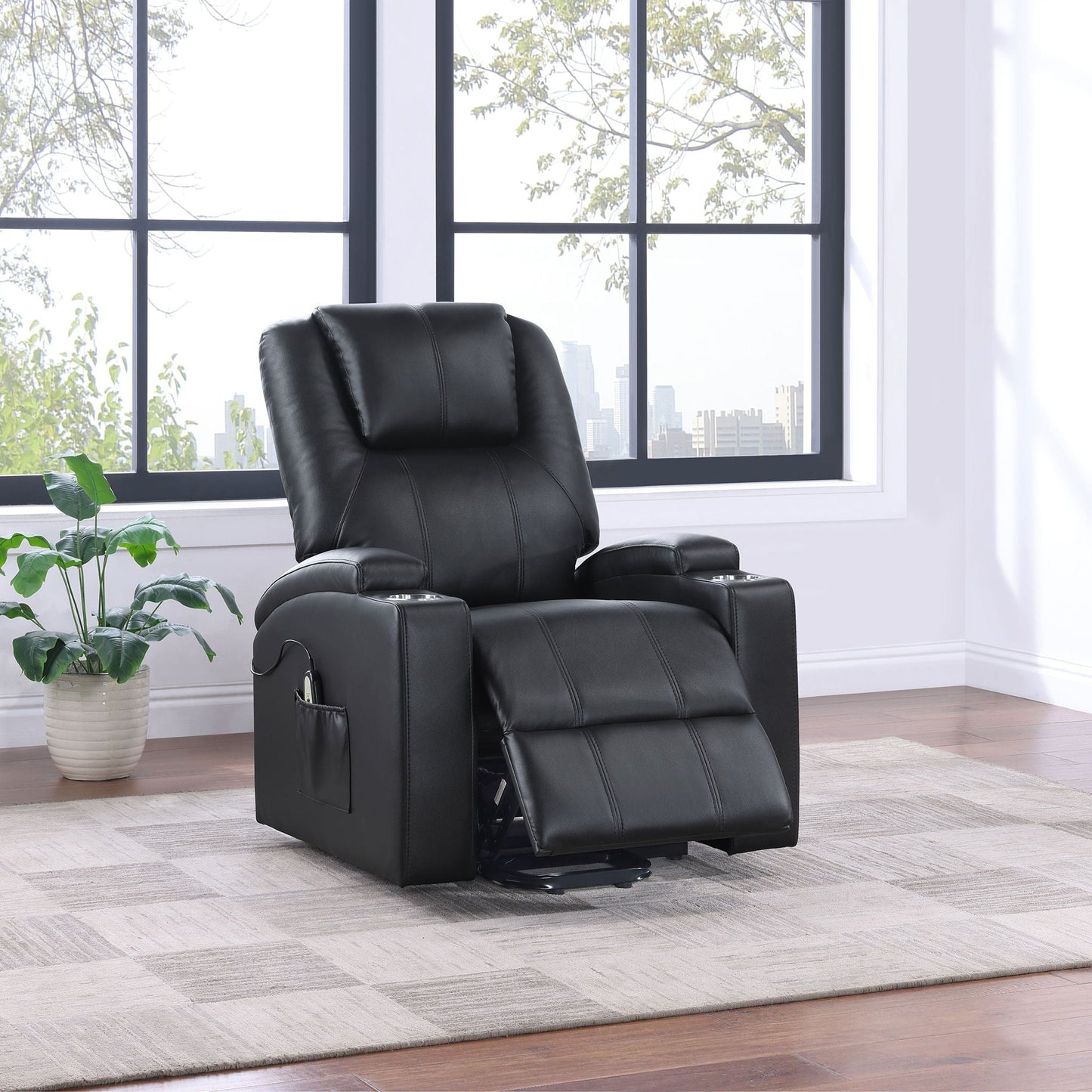 Macklin power lift massage recliner with heat and dual cupholders, black leather on Tampa Home & Garden Store