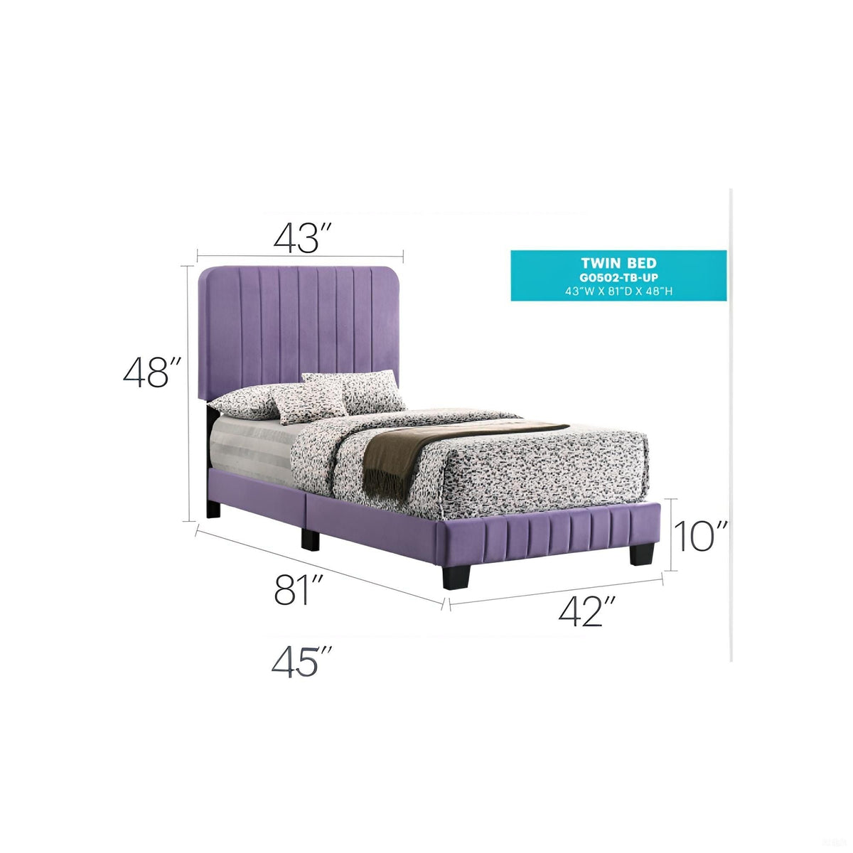 Channel Tufted Bed upholstered twin bed in purple fabric by HouseOfZazla 43W x 81D x 48H on Tampa Home & Garden Store