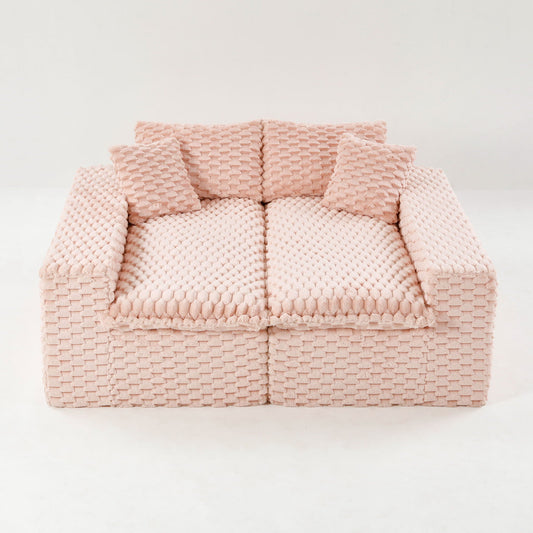 Multifunctional Sofa by HouseOfZazla in soft pink chunky woven fabric with cushions on Tampa Home & Garden Store