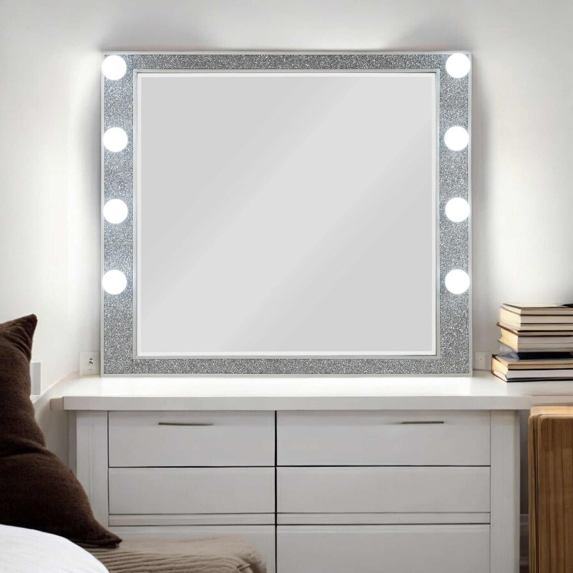 Sliverfluff mirror with light, champagne glitter frame, HouseOfZazla vanity with bulbs on Tampa Home & Garden Store