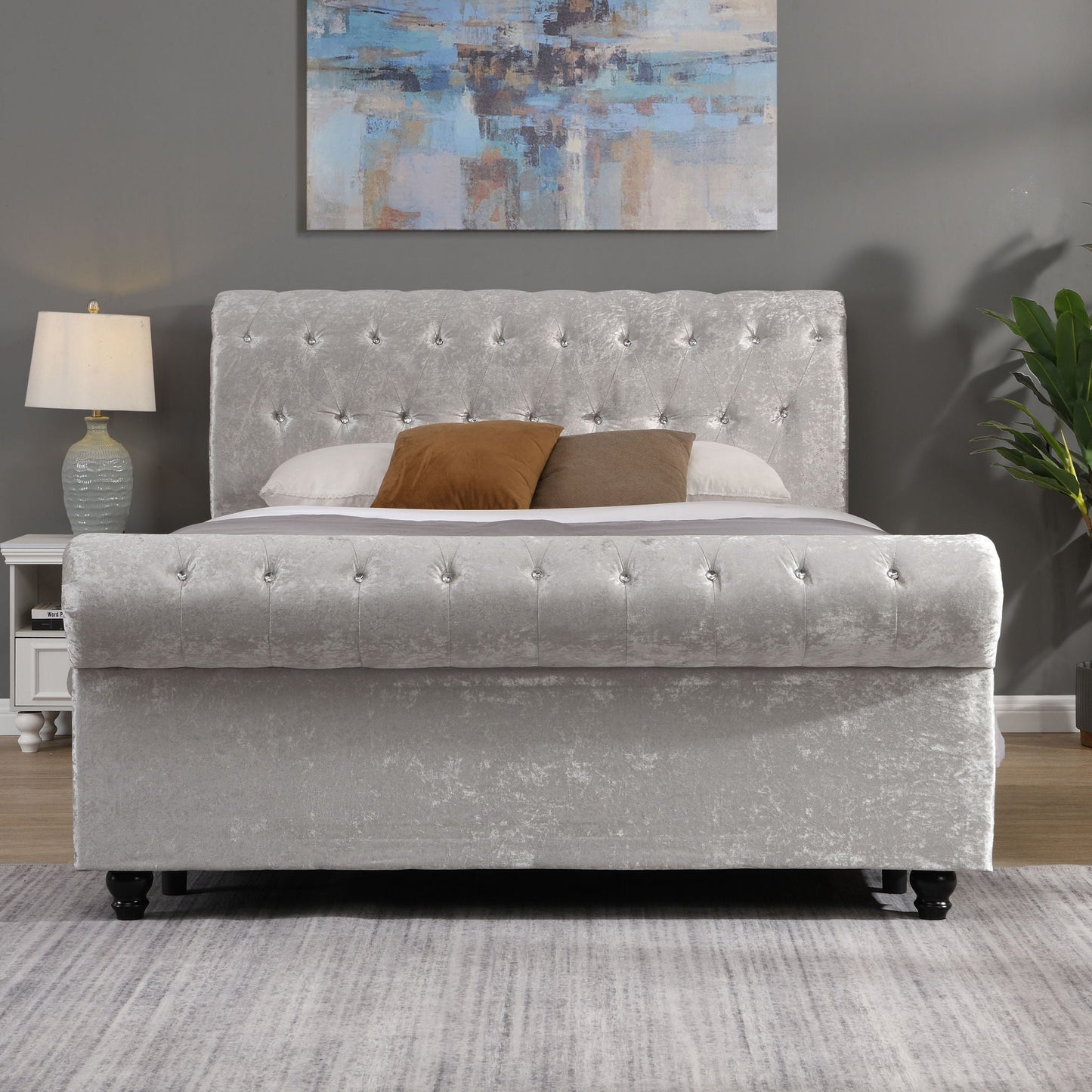 Hartfried queen size beige velvet upholstered storage bed with tufted headboard on Tampa Home & Garden Store