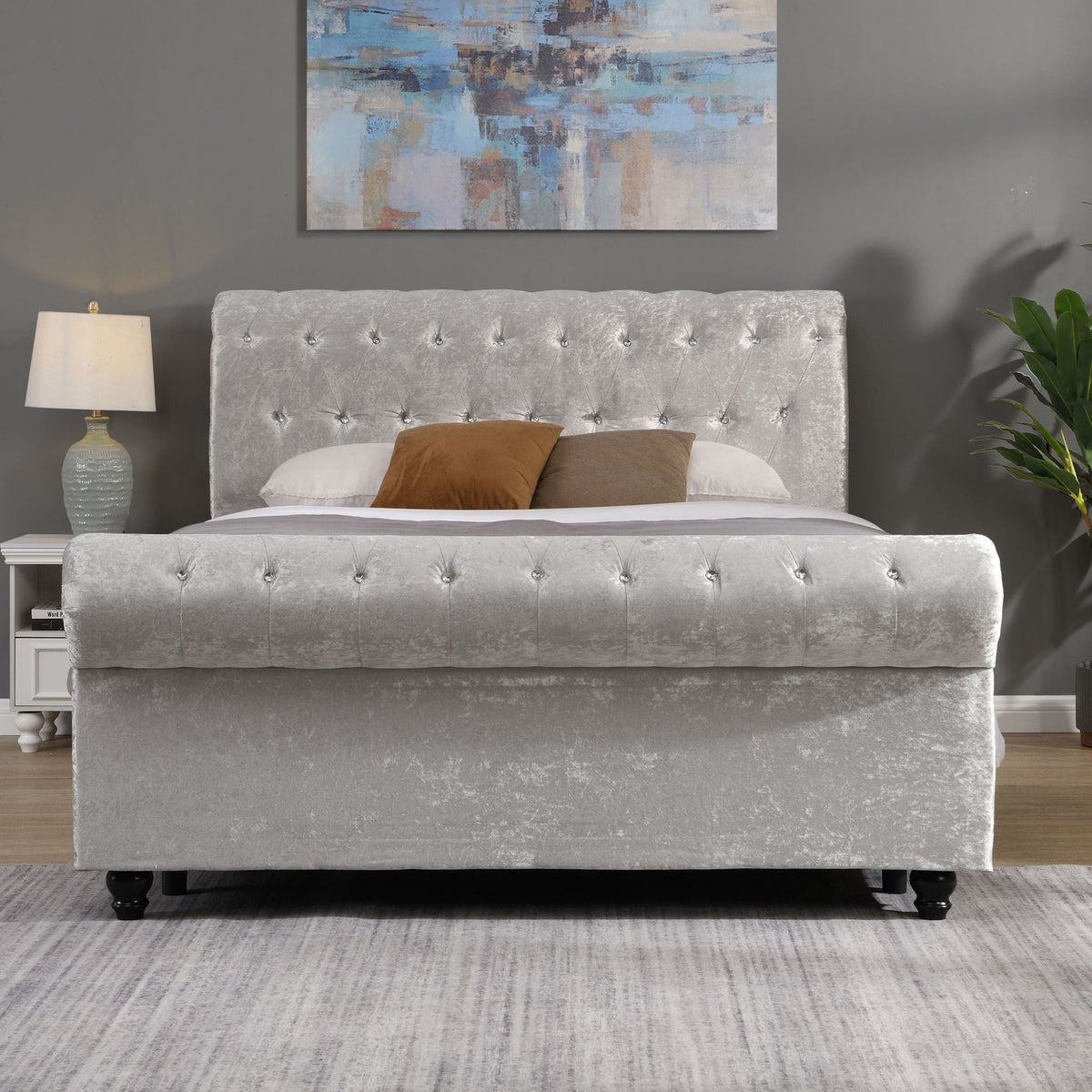 Hartfried queen size beige velvet upholstered storage bed with tufted headboard on Tampa Home & Garden Store